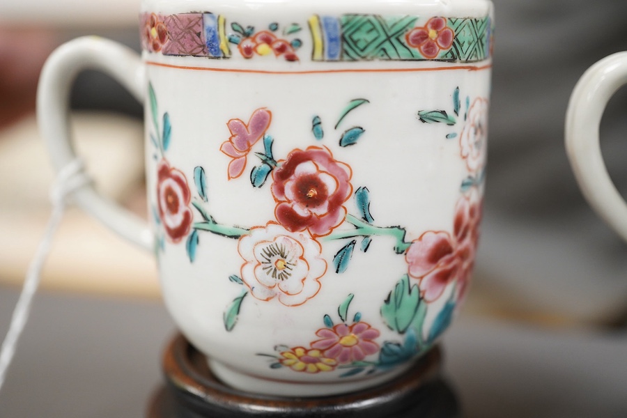 A near pair of Chinese famille rose ‘double pheasant’ coffee cups, early Qianlong period